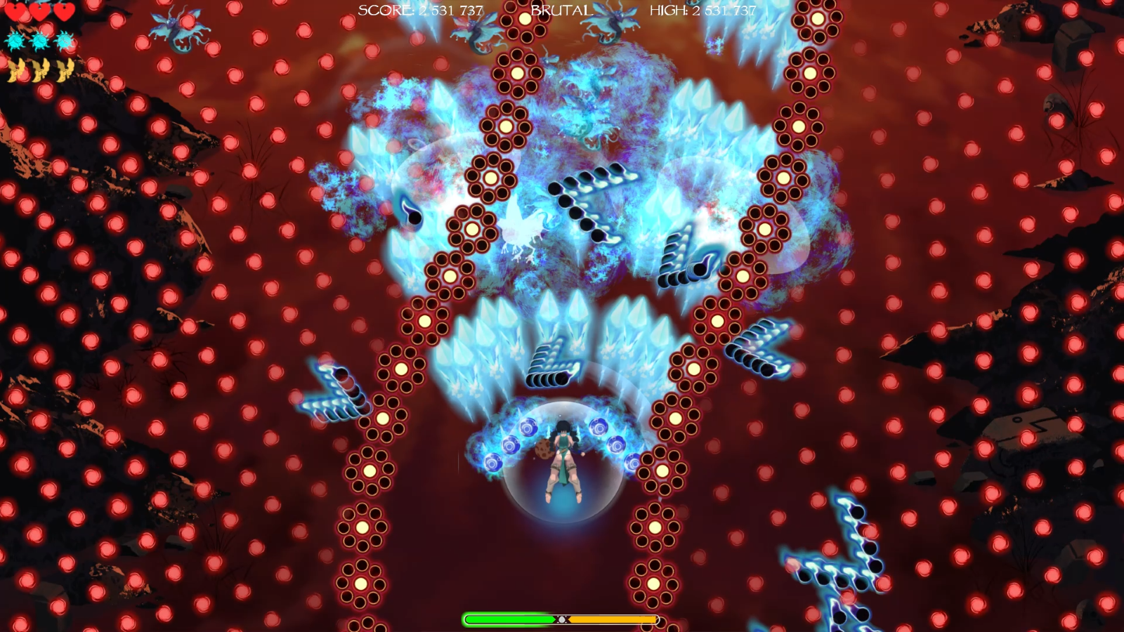 A gameplay screenshot from Terra Feminarum. The player is surrounded on either side by columns of red and black flower-shaped bullets.