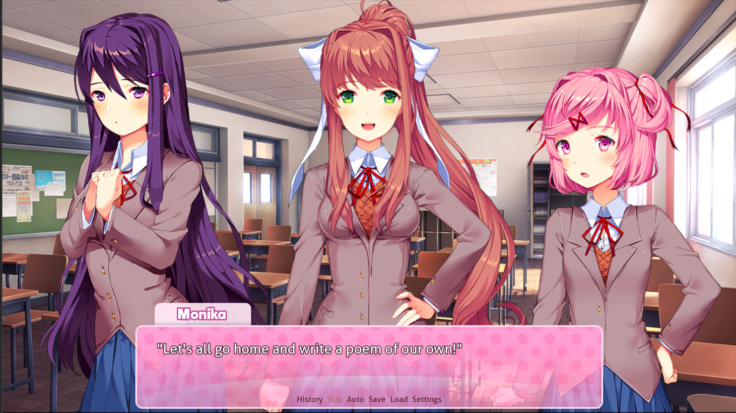 A scene from Doki Doki Literature Club in which the Club President proposes writing poems to get to know one another better.