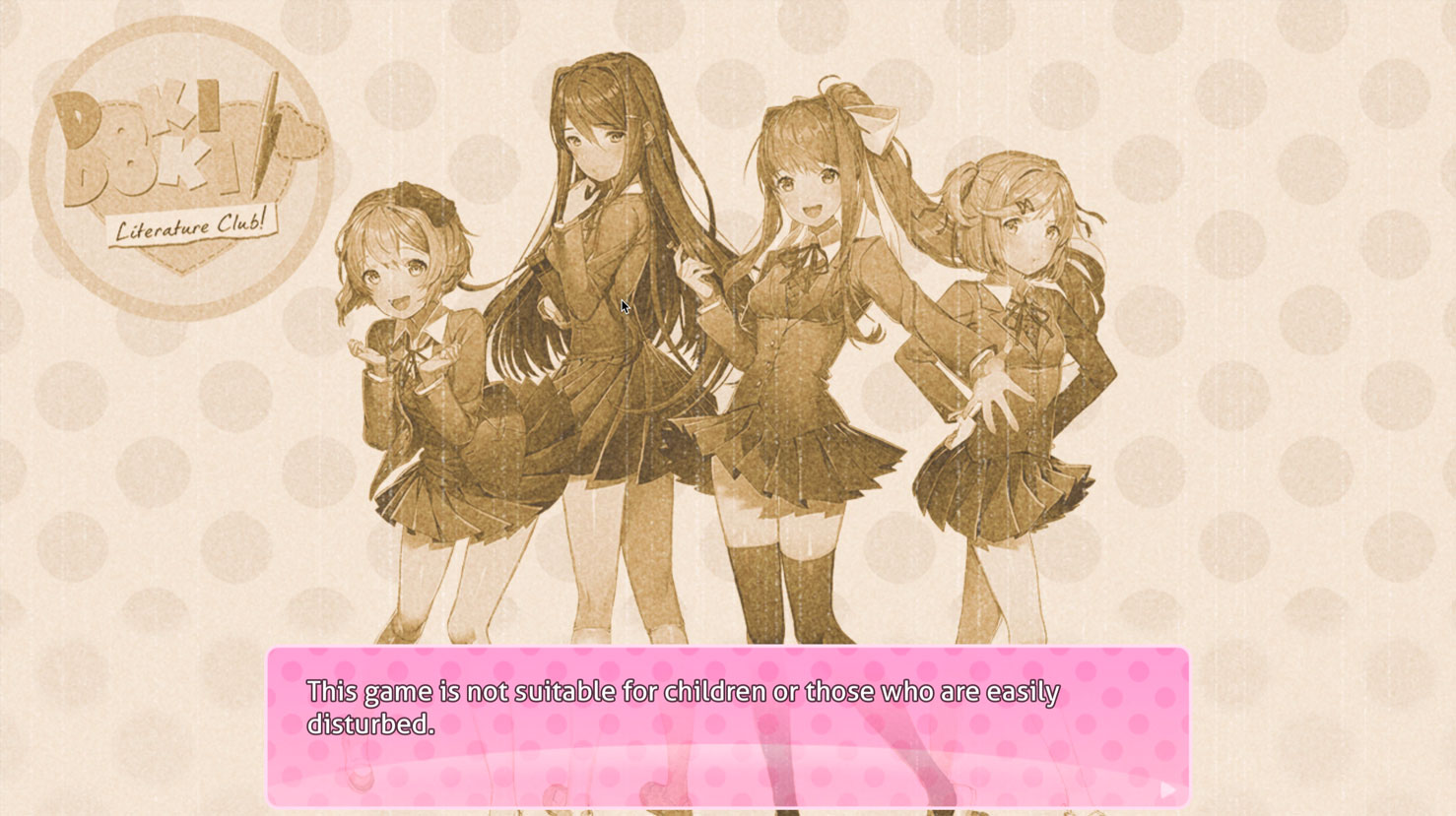 A warning screen from Doki Doki Literature Club stating the game is not intended for minors.
