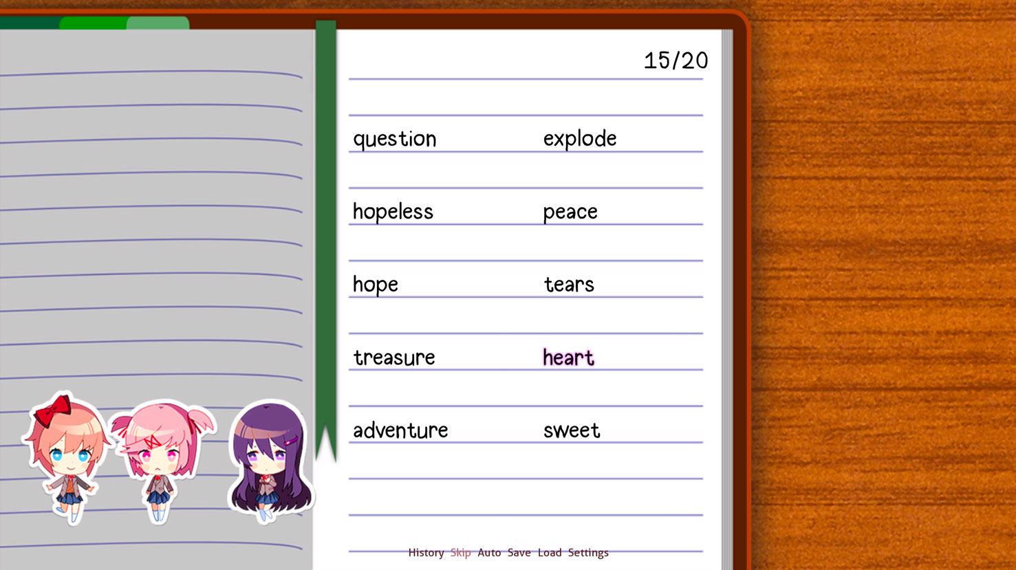 An example of the poetry minigame from Doki Doki Literature Club
