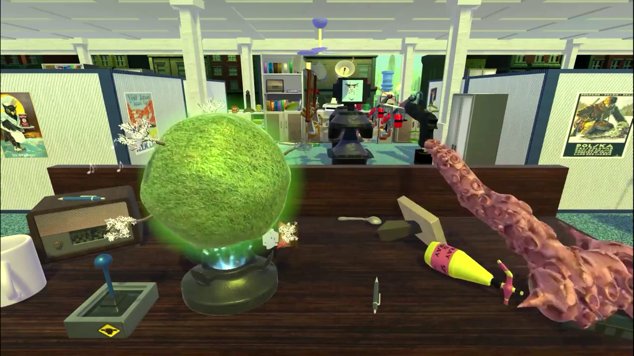 A screenshot from Godly Corp. The player's tentacle arm is holding a gun and shooting at a killer robot.