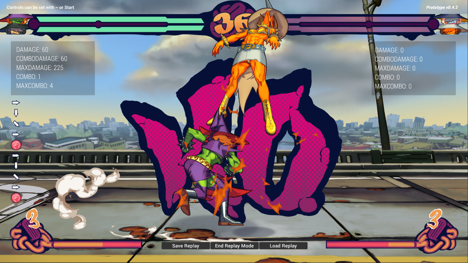 A gameplay screenshot from Cerebrawl. Player 1 has just defeated player 2, with a prominent KO appearing onscreen as player 2 is launched into the air.