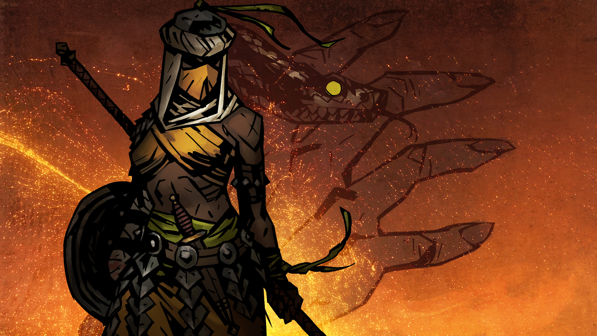 Promotional art for the Darkest Dungeon Shieldbreaker DLC. The Shieldbreaker stands against an orange background and the silhouette of a snake wrapped around a hand.