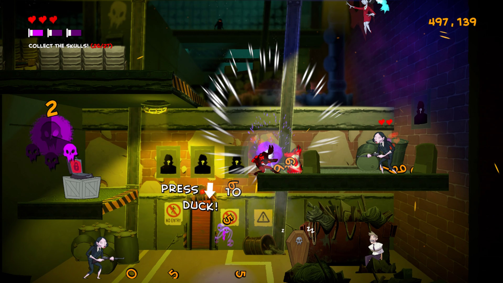 A screenshot of Damsel's gameplay. Agent Damsel is taking damage, while a prompt onscreen tells the player to duck.