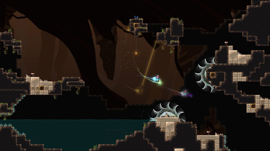 A screenshot of Remnants of Naezith's gameplay, featuring the main character swinging between two bladed obstacles.