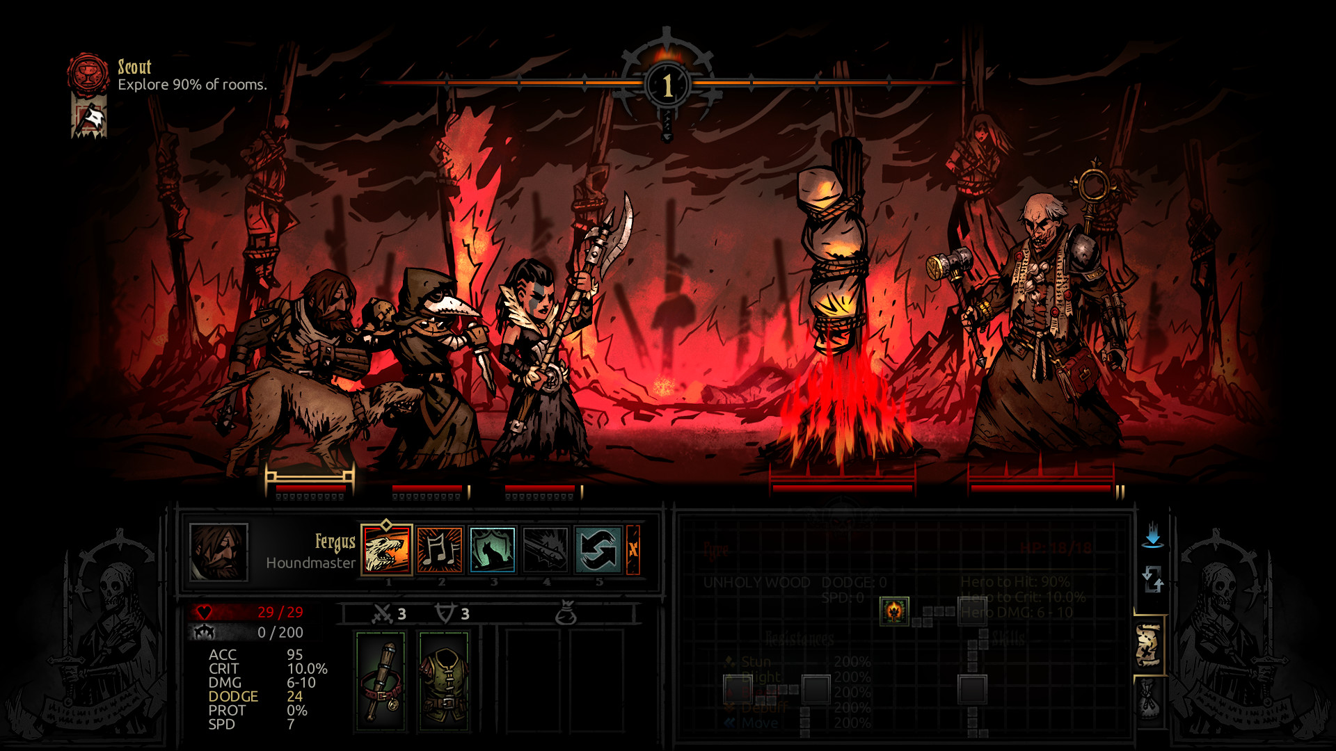 A screeenshot from Darkest Dungeon: The Crimson Court. A party of heroes battles the Fanatic.