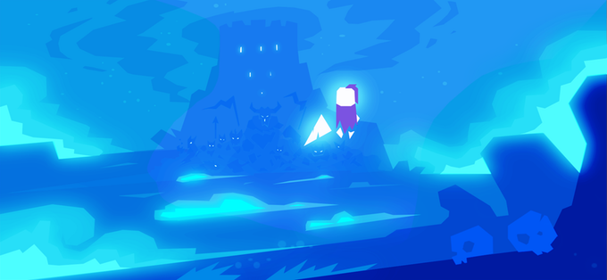Art from Knight Time, featuring the main character against a midnight blue background. He is gazing at a castle in the distance.