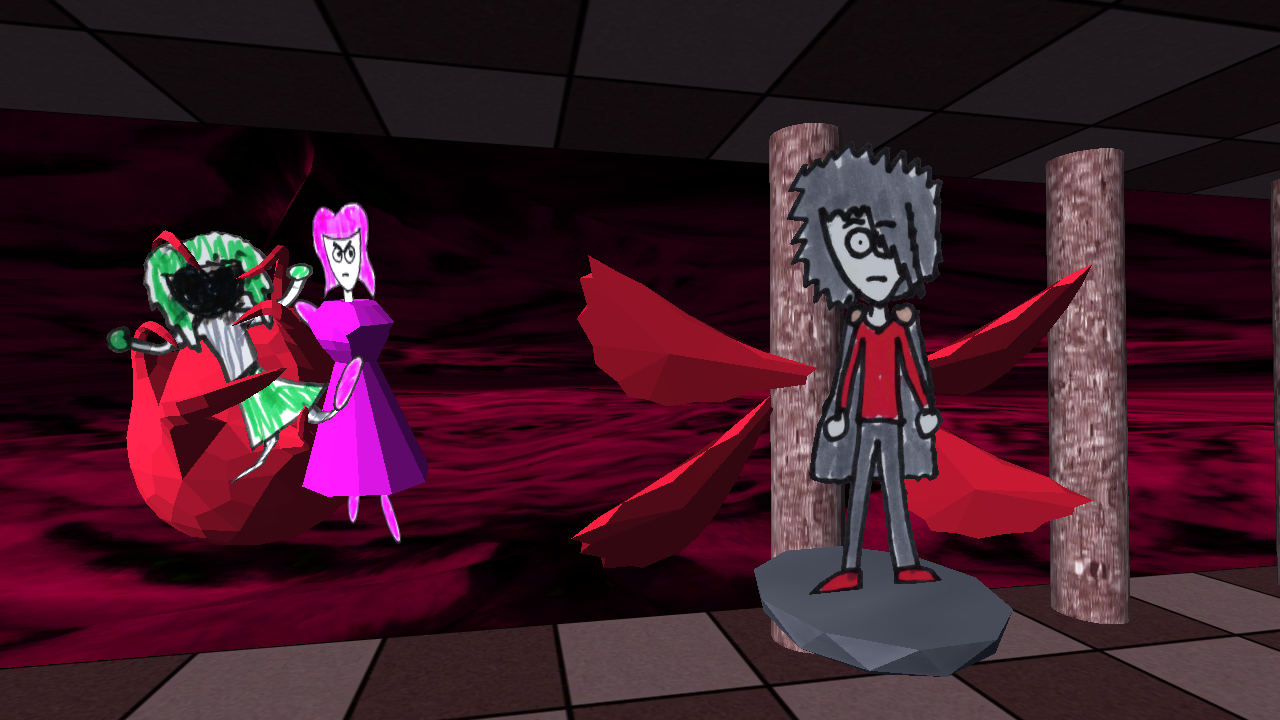 A screenshot from Imperishable Memories. several messily characters, some with low poly clothing on their 2D bodies, stand in apparent confrontation with one another.