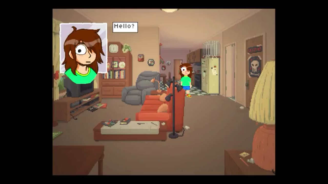 A screenshot from Perfect Tides, in which Mara has entered an empty living room. Mara's speech box reads, "Hello?"