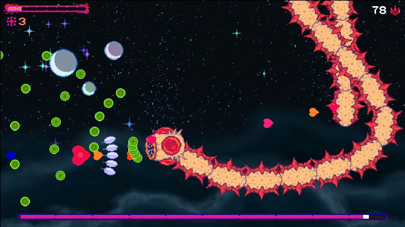 A screenshot from The Void Rains Upon Her Heart. The player's heart is shooting heart and feather shaped bullets into the maw of a large pink worm.