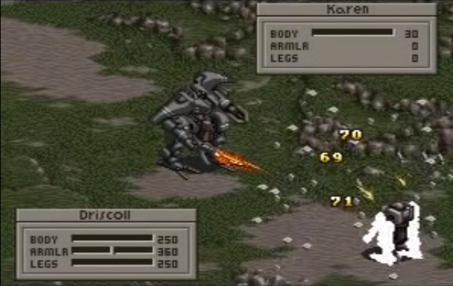 A gameplay screenshot from Front Mission. An enemy mech blasts the player., causing several damage numbers to appear on screen as the player mech's legs and arms flash white.