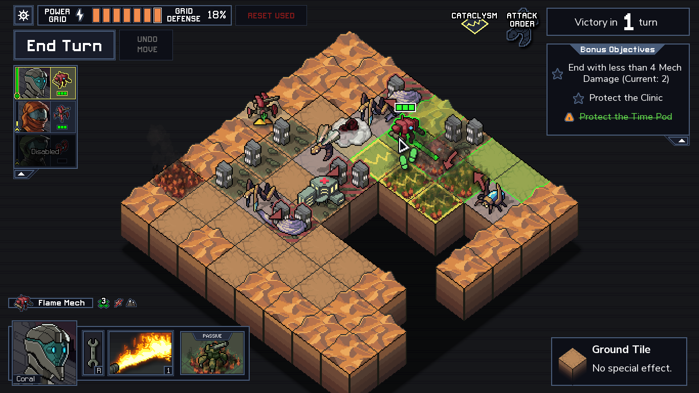 A gameplay screenshot from Into the Breach. The desert battlefield has been ruptured by tremors and set ablaze. A player mech attempts to move out of the way of danger from an enemy attack.