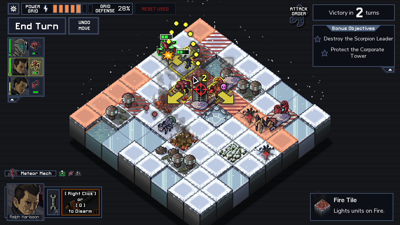 A gameplay screenshot of Into the Breach. A player mech prepares to make an artillery attack.