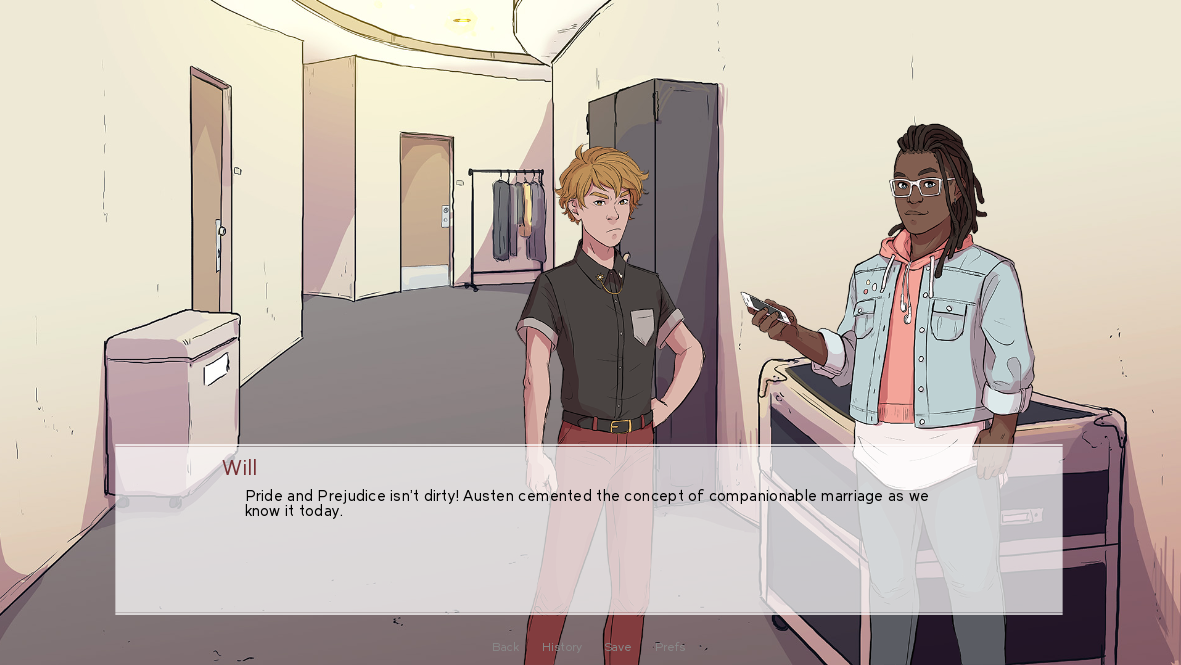 A screenshot from Seventh Circle. Will's dialogue reads: "Pride and Prejudice isn't dirty! Austen cemented the concept of companionable marriage as we know it today."