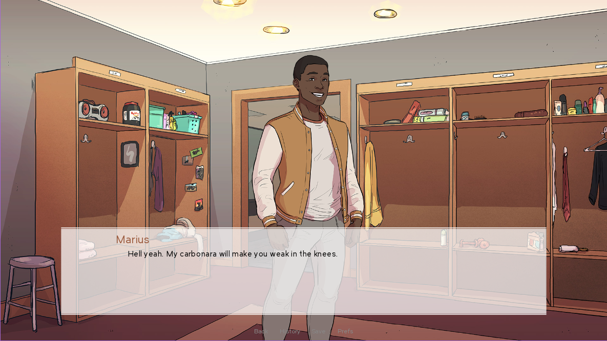 A screenshot from Seventh Circle. Marius' dialogue reads: "Hell yeah! My carbonara will make you weak in the knees."