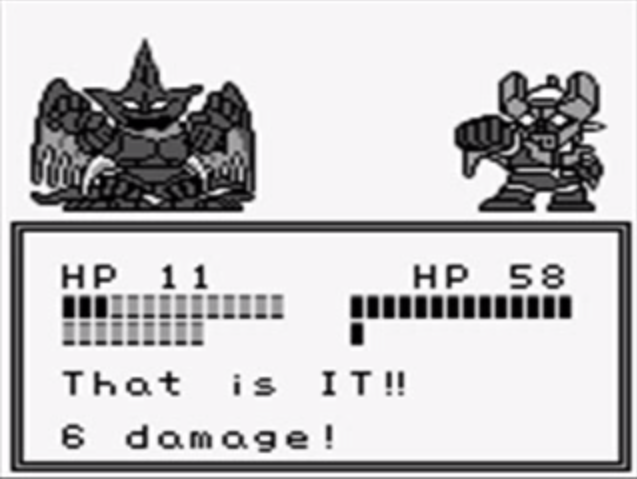 A gameplay screenshot from Super Robot Wars. A mecha and a large creature square off on a 2D grayscale screen. Below their health bars, the text on-screen reads: "That is IT!! 6 damage!"