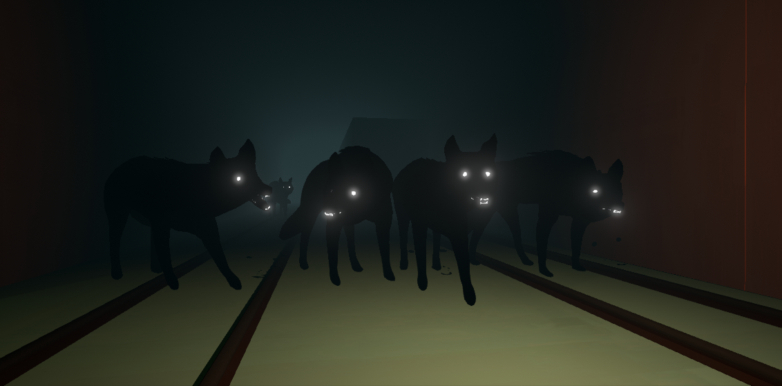 A screenshot from Way to the Woods showing a pack of black dogs with glowing white eyes and teeth.