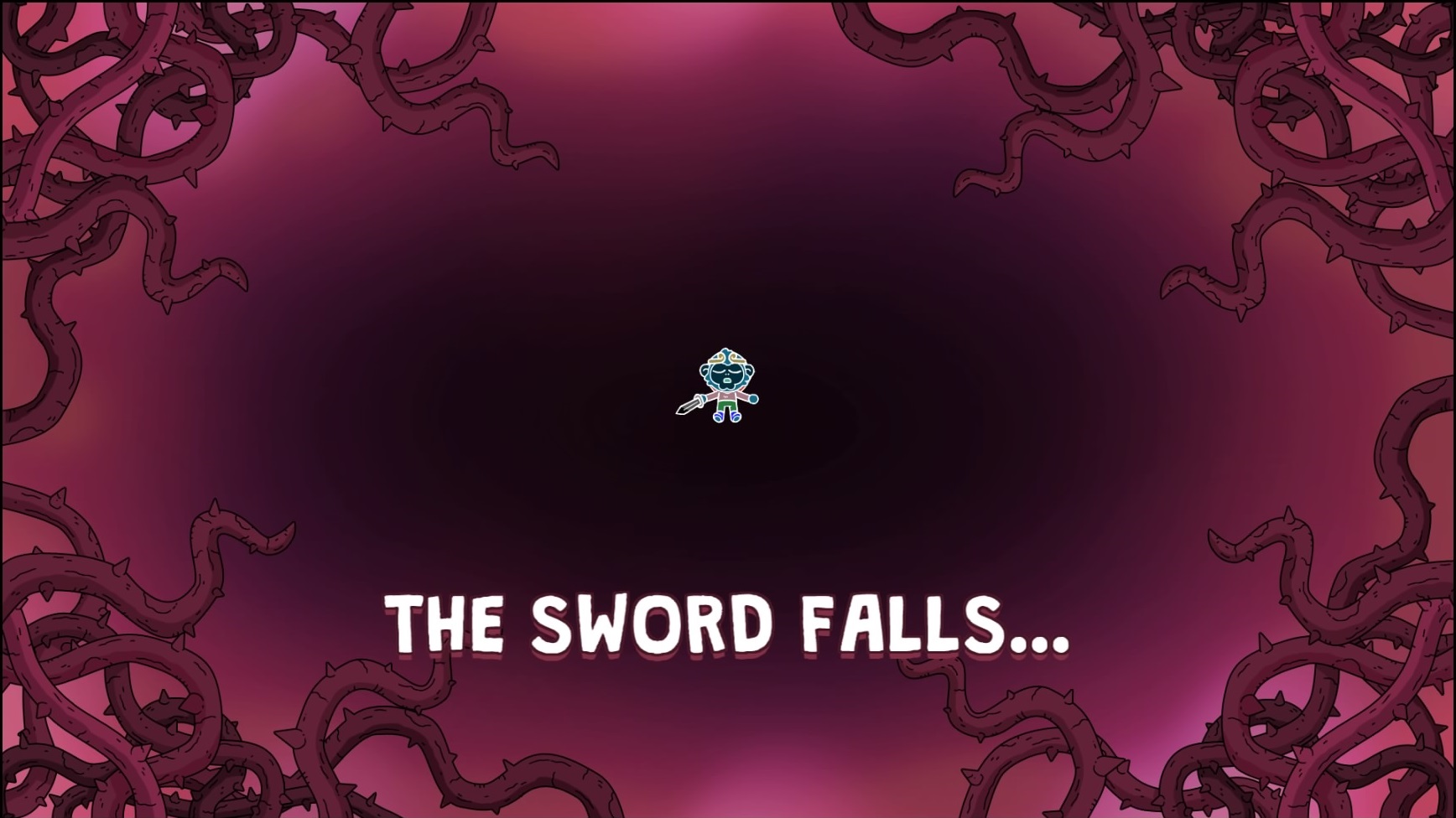 A screenshot from The Swords of Ditto, featuring the game over screen. The player is shown on the ground, with a pinkish mist and vines closing in around the. Large white text at the bottom of the screen reads, "The Sword Falls..."