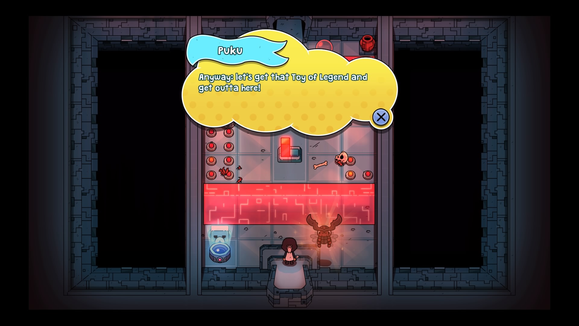 A screenshot from The Swords of Ditto. Puku, a spectral dung beetle, has appeared onscreen as the player character enters a new dungeon. Her text bubble reads, "Anyway, let's get that Toy of Legend and get outta here!"