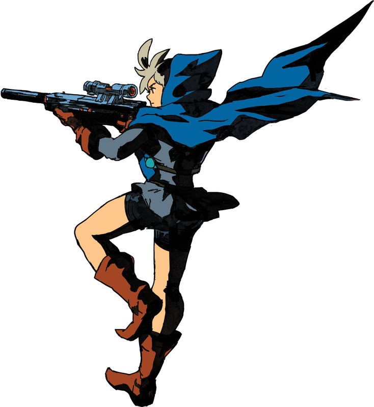 Young woman in a blue hood with a blaster weapon.