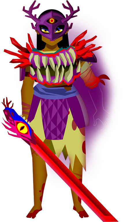 young one-armed woman in armor and a mask with a sword