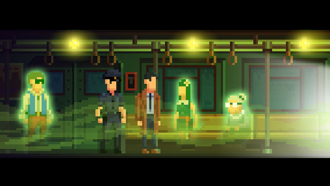 Pixelated detective and officer on a subway train with green transparent ghost people.