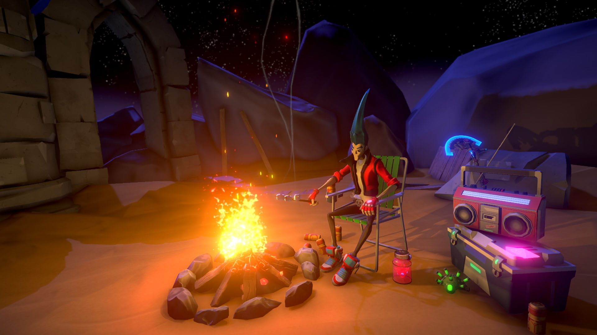 The protagonist sits around a campfire, roasting marshmallows