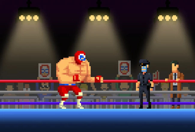 Pixelated and masked officer on a stage with a masked wrestler, while a detective watches on the sidelines.
