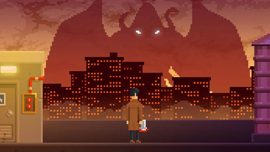 Pixelated detective on roof in a dark city, with shadow of a winged monster in the background.