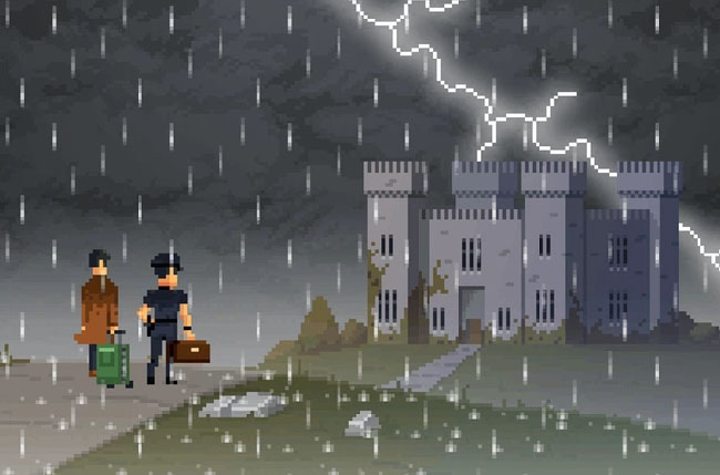 Preview image of "The Darkside Detective: Season 2," showing Detective McQueen and Officer Dooley in front of a castle during a storm.