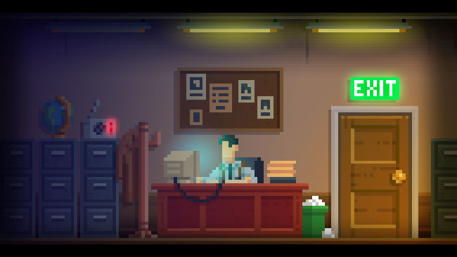 Screenshot of "The Darkside Detective," showing Detective McQueen on a computer in an office.