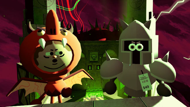 What looks like a cartoony knight, and a cartoony person in a winged red demon costume. They are on something metallic and lit with a green light, set against a dark reddish-purple void.