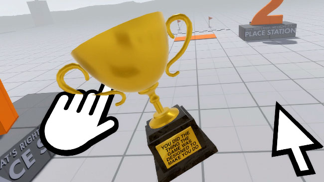 A blank gray grid space, with a trophy held up by a disembodied and graphic white hand, with a similar-looking pointer arrow nearby.
