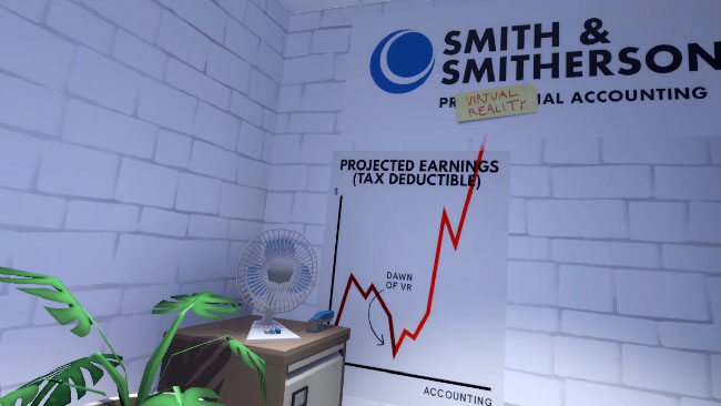 White brick room, with a potted plant, a fan, a stapler, a jagged line chart on the wall, a business sign, and a post-it note about virtual reality.