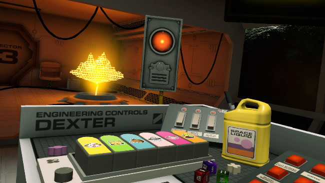What looks like a control room, with brightly colored buttons and a holographic grid model in the background.