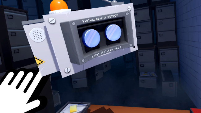 A stylized, white hand holds a VR headset.