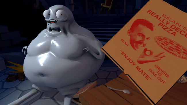 Fat gray-skinned humanoid figure in a dark dungeon, with a pizza box.