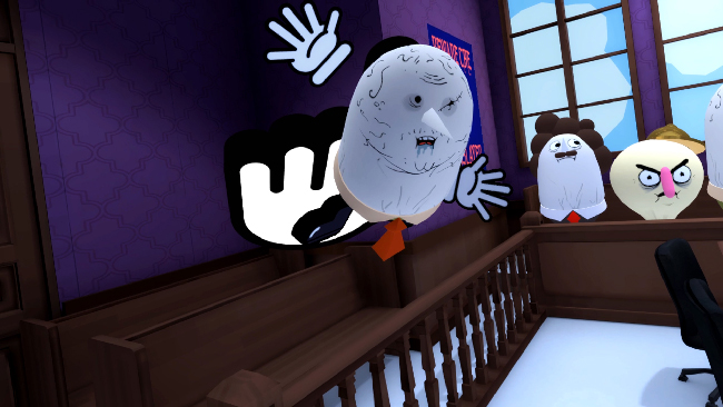 A courtroom, with a cartoony jury glaring at you or staring off-screen. A stylized, white, disembodied hand throws a pill-shaped character wearing a tie and scarred all over.
