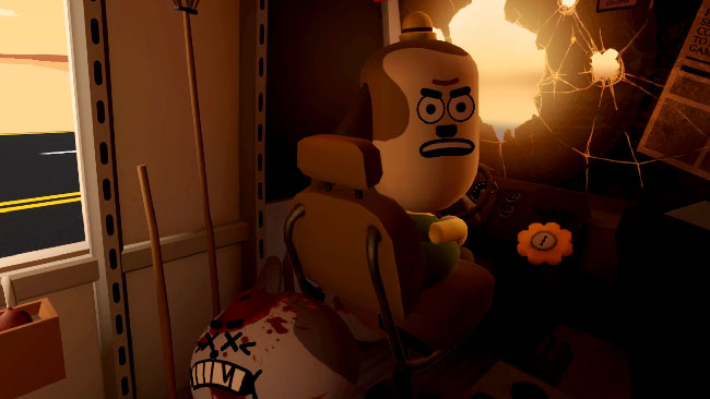  Cartoony character driving a van with bullet holes in the window. Another cartoony character leans lifelessly against his seat, dead, with a bloody bullet hole in the head and the eyes turned to symbolic Xs.