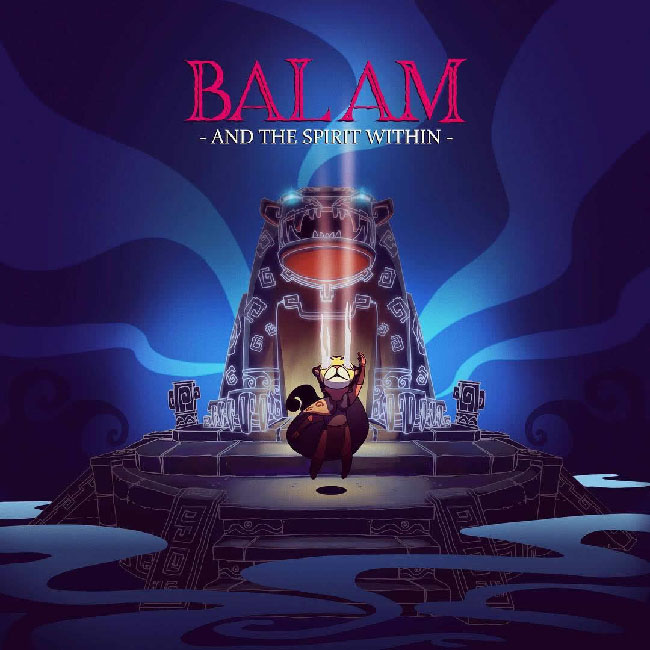 A girl in a jaguar mask, levitating slightly above the surface of a jaguar-shaped temple.