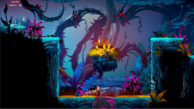 Screenshot of  “Balam and the Spirit Within” gameplay. Balam, girl in jaguar mask, is in a dark forest, with bats flying around her.
