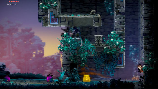 Screenshot of  “Balam and the Spirit Within” gameplay. Balam, girl in jaguar mask, begins to climb a stone wall.
