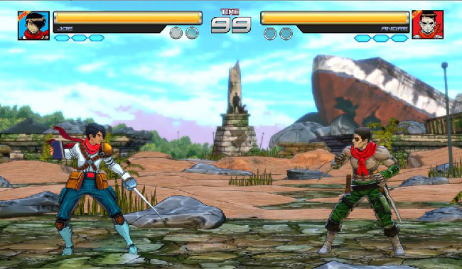 Screenshot of gameplay, where two playable characters face off against each other on a battle stage with ruins and a shipwreck in the background.