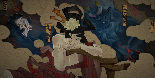 Stylized illustration of “Bladed Fury.” Features dark-haired woman with a blue, horned humanoid creature holding a skull.