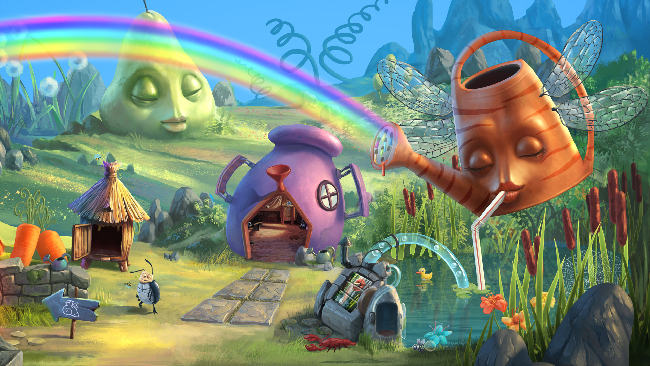Colorful and intricate “My Brother Rabbit” screenshot, of a green grassy field with a rainbow squirting out of a flying watering can.