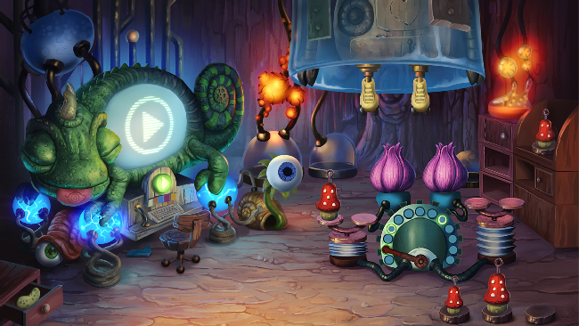 Colorful and intricate “My Brother Rabbit” screenshot, of a lab with a computer in the shape of a lizard.