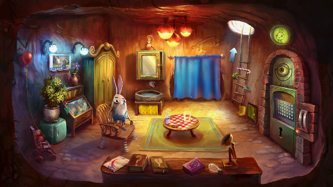 Colorful and intricate “My Brother Rabbit” screenshot, of an underground room with a secret door.