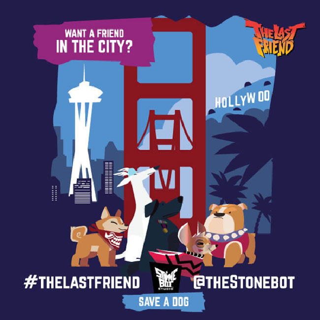 “The Last Friend” illustration with various dogs in front of a city setting that includes the Hollywood sign and the Golden Gate Bridge.