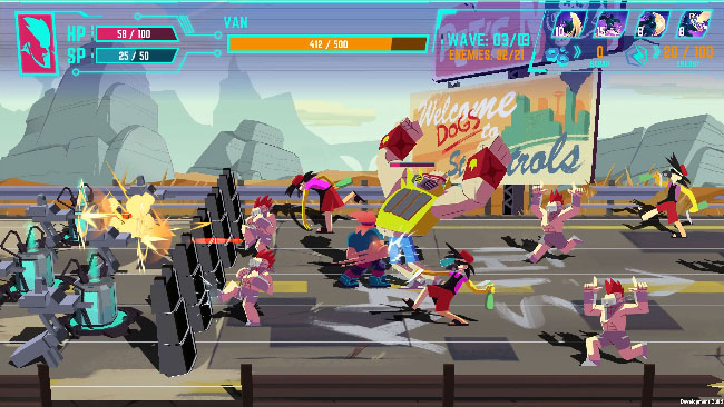 A screenshot of “The Last Friend” gameplay, where various enemies confront barriers and gun turrets on what looks like a highway in the desert.