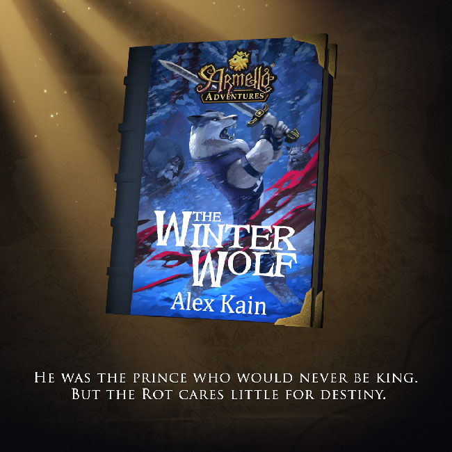 Book cover illustration with anthropomorphic wolf wielding a sword in the snow.